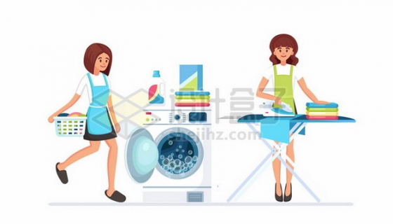 卡通家庭主妇使用洗衣机洗衣服和用熨斗烫衣服619920矢量图片免抠素材
