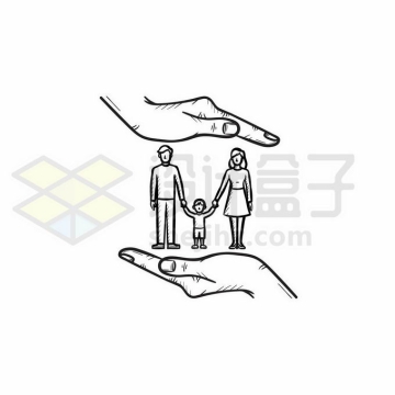 爸爸妈妈和孩子一家三口被双手保护着象征了家庭保险手绘线条插画9216789矢量图片免抠素材免费下载