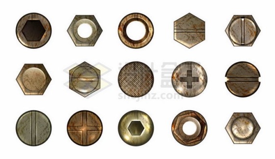 15款生锈的铜色金属螺丝钉螺帽形状7580022矢量图片免抠素材