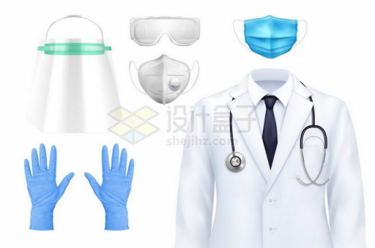 透明面罩N95口罩护目镜手套一次性口罩和白色医生服9184529矢量图片免抠素材