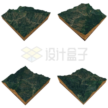 4个不同角度的群山中的山谷3D沙盘地形图鸟瞰图5494663PSD免抠图片素材