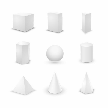 6款白色的立方体圆球圆柱体金字塔形圆锥形物体图片png免抠素材