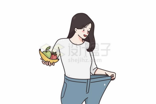 卡通女孩一手拿着水果一手扒开宽松的裤子减肥成功手绘线条插画8877106矢量图片免抠素材