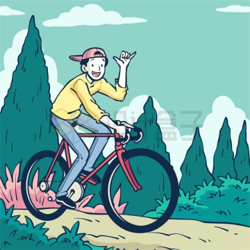 卡通男孩骑着自行车游走在乡间小道上7514765矢量图片免抠素材下载
