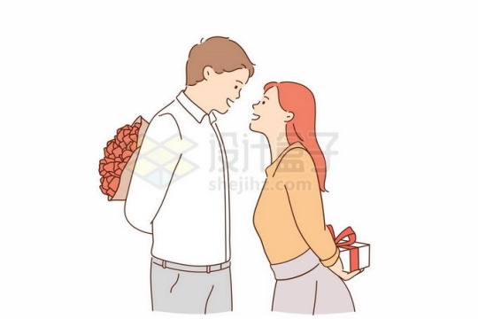 面对面的男人和女人情侣相互送情人节礼物手绘线条插画7060656矢量图片免抠素材