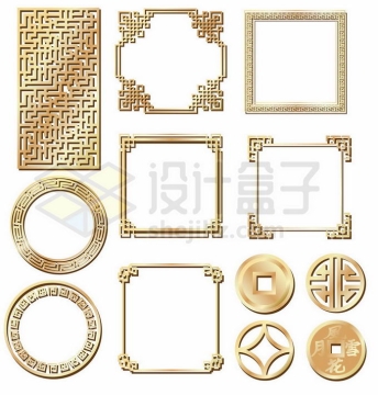 各种中国风金色窗格回字纹边框和铜钱图案7092324矢量图片免抠素材