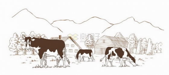 乡村复古素描奶牛场农场风景图png图片免抠矢量素材