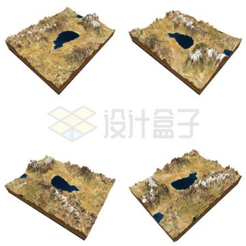 4个不同角度的干旱地带沙漠中的湖泊3D沙盘地形图鸟瞰图8765547PSD免抠图片素材