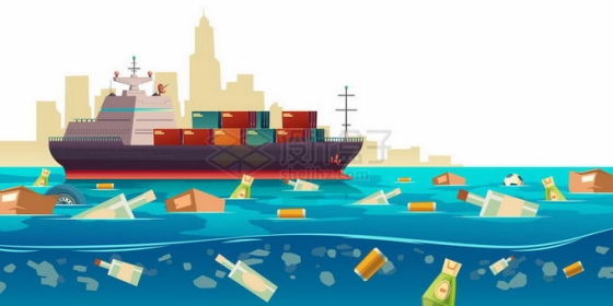 海上航行的集装箱货轮和海面上漂浮的各种海洋污染物垃圾6569216矢量图片免抠素材