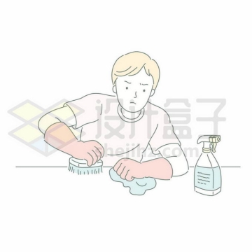 卡通男人用刷子清洁剂认真擦拭桌面打扫卫生手绘线条插画6894313矢量图片免抠素材