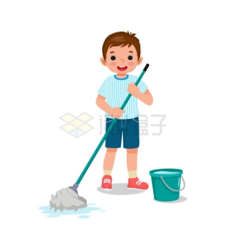 卡通男孩正在用拖把拖地打扫卫生5437219矢量图片免抠素材