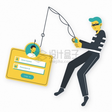 卡通黑客用钓鱼竿盗取用户个人信息网络信息安全png图片素材