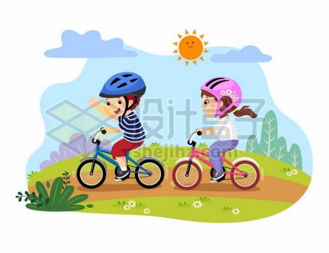 卡通太阳下面骑自行车的卡通男孩女孩郊游风景7112974矢量图片免抠素材