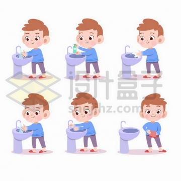 卡通小男孩正在洗手池上洗手讲究卫生png图片免抠矢量素材