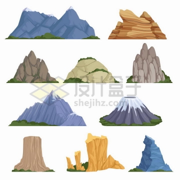 10种类型的卡通大山石头山火山等png图片免抠矢量素材
