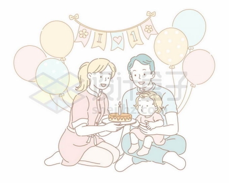 卡通婴儿过生日爸爸妈妈一家三口一起庆祝1周岁生日快乐手绘线条插画7511510矢量图片免抠素材