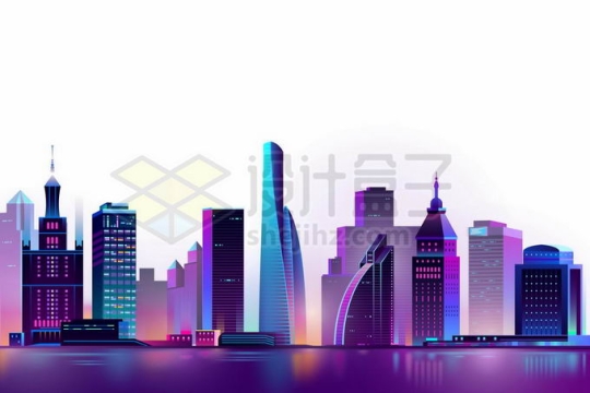 紫色霓虹灯光照下的卡通科幻城市天际线高楼大厦夜景8690001矢量图片免抠素材