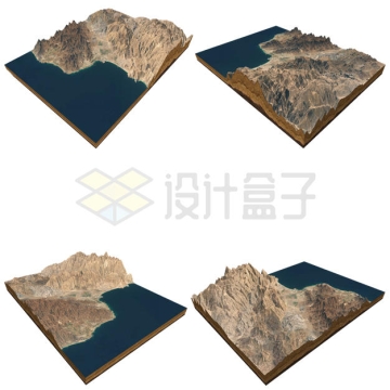 4个不同角度的海边干旱地带的群山3D沙盘地形图鸟瞰图9043788PSD免抠图片素材
