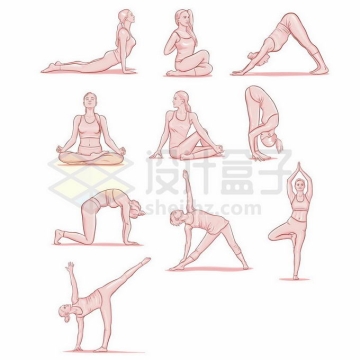 10款练习瑜伽动作的美女手绘插画6395915矢量图片免抠素材