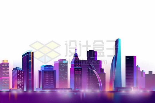 紫色霓虹灯光照下的卡通科幻城市天际线高楼大厦夜景3632449矢量图片免抠素材