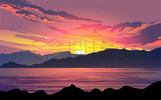 夕阳或清晨日落或日出时远处的太阳和红色云彩插画3708015矢量图片免抠素材下载