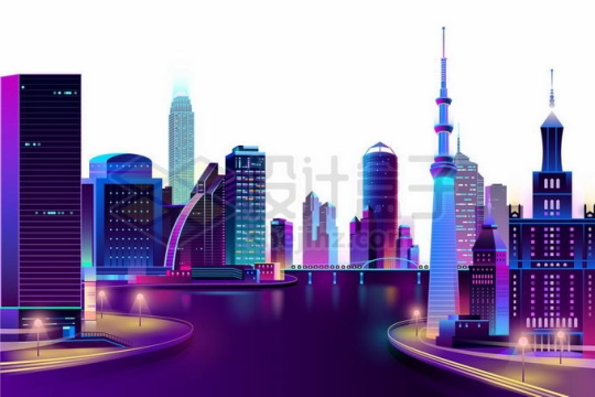 紫色霓虹灯光照下的卡通科幻城市天际线高楼大厦夜景1186474矢量图片免抠素材