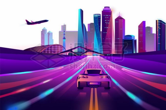 紫色霓虹灯光照下的卡通科幻城市天际线高楼大厦夜景6523638矢量图片免抠素材