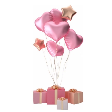 粉色心形和金色五角星气球和粉色礼物盒情人节送礼763816png图片免抠素材