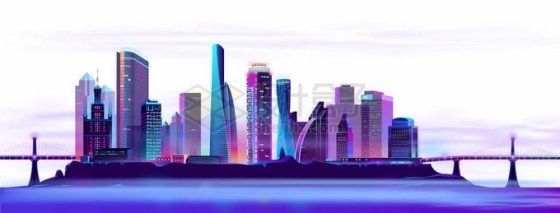 紫色霓虹灯光照下的卡通科幻城市天际线高楼大厦夜景1005997矢量图片免抠素材