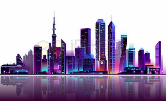 紫色霓虹灯光照下的卡通科幻城市天际线高楼大厦夜景8509051矢量图片免抠素材