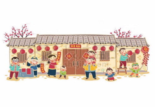 新年春节回乡过年老家的房子和浓厚过年气氛的乡亲们手绘插画4487768矢量图片免抠素材