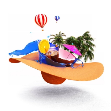 3D立体风格草帽上的沙滩冷饮椰子树等热带海岛旅游9502649图片素材