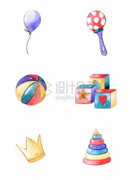紫色气球金色皇冠等儿童玩具水彩插画313524png图片素材
