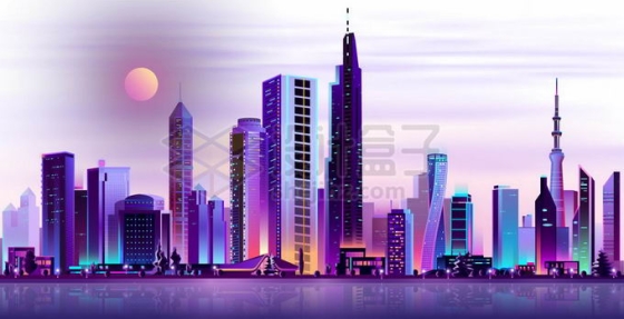 紫色霓虹灯光照下的卡通科幻城市天际线高楼大厦夜景9661421矢量图片免抠素材