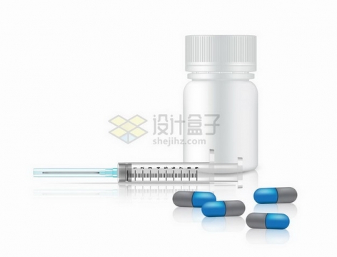 一次性注射器蓝色胶囊药丸和空白药瓶医疗用品png图片免抠矢量素材