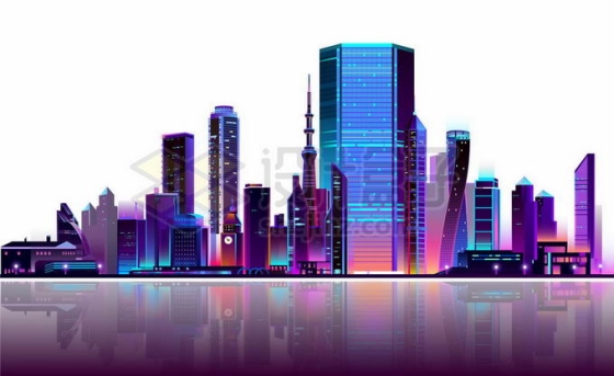 紫色霓虹灯光照下的卡通科幻城市天际线高楼大厦夜景6580535矢量图片免抠素材