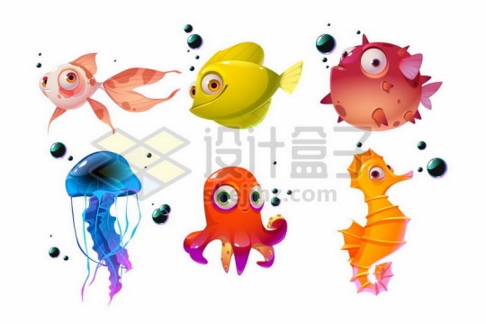 可爱的卡通金鱼河豚鱼水母章鱼和海马1159739矢量图片免抠素材
