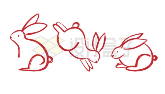 3款红色线条小兔子兔年插画9986512矢量图片免抠素材