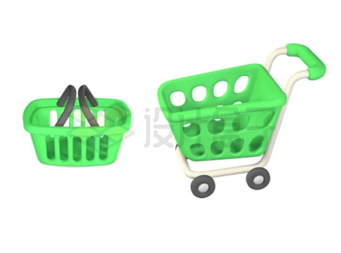 卡通绿色超市购物车和购物篮3D模型3128226矢量图片免抠素材