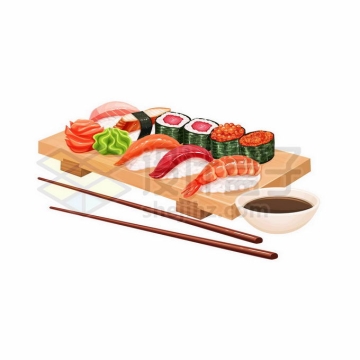 木头餐盘上的美味寿司拼盘日式美食握寿司卷寿司军舰寿司姿寿司7225369矢量图片免抠素材
