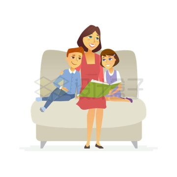 卡通妈妈抱着孩子坐在沙发上一起阅读朗读看书讲故事2137755矢量图片免抠素材