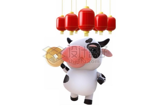 牛年卡通小牛拿着铜钱和红灯笼新年春节氛围7432408图片免抠素材
