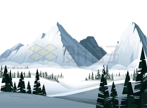 近处的大森林和远处高耸的大雪山风景插画1845884矢量图片免抠素材