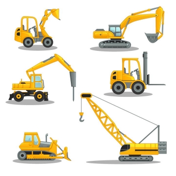 6款黄色的挖掘机挖土机铲车推土机大型吊车等工程机械车辆图片免抠矢量素材