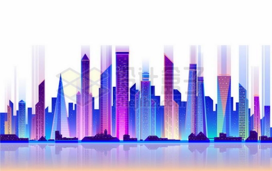 紫色霓虹灯光照下的卡通科幻城市天际线高楼大厦夜景1213033矢量图片免抠素材