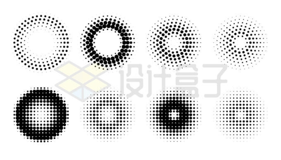 8款黑色圆点组成的同心圆抽象离散图案8886576矢量图片免抠素材