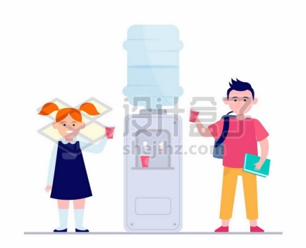 卡通男孩女孩和饮水机多喝水6251270矢量图片免抠素材