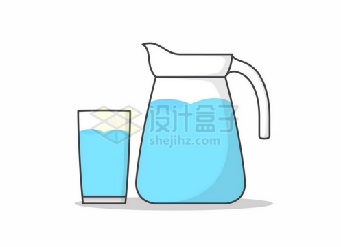 卡通风格玻璃水壶和玻璃杯中的蓝色饮用水7049933矢量图片免抠素材