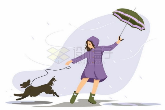 刮大风的下雨天卡通女人穿着雨衣打着伞遛狗4008353矢量图片免抠素材