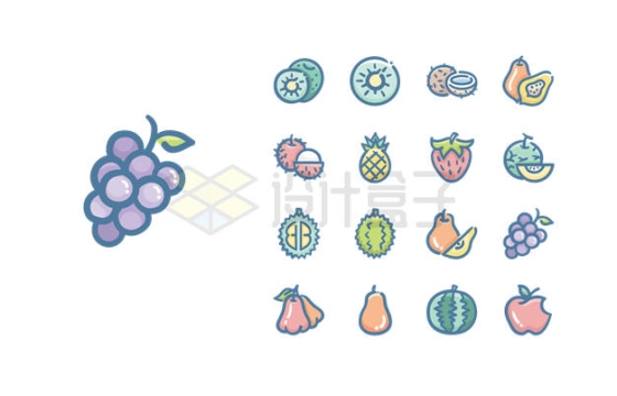 葡萄椰子榴莲等卡通水果图标2598555矢量图片免抠素材